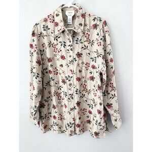 VINTAGE Talbots Top Women Medium Beige Irish Linen Shirt Button Up Floral 90s